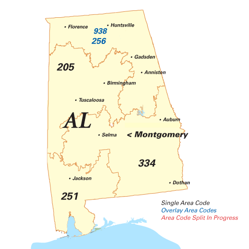 Alabama Area Codes Map